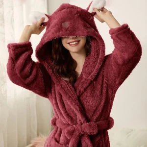 peignoir douillet pour femme en polaire en rouge vin