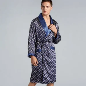 peignoir bleu marine or avec petits carreaux